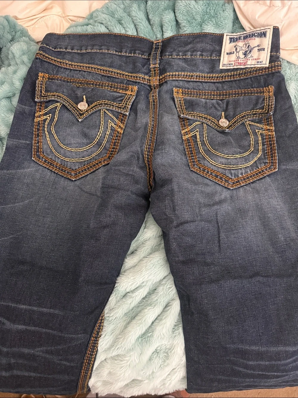 True Religion Men's Dark Blue Jeans with Orange Contrast Stitching